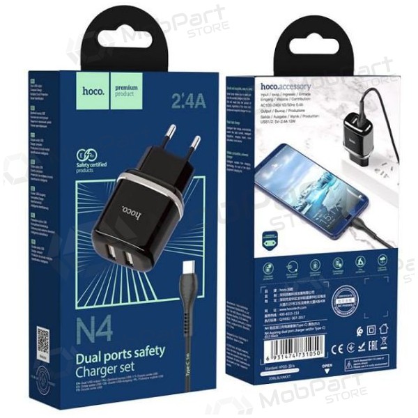Cargador HOCO N4 Aspiring Dual USB + type-C cable (5V 2.4A) (negro)