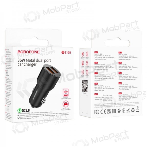 Cargador automobilinis Borofone BZ19B 2xUSB-A QC3.0 36W negro