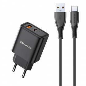 Cargador Awei PD81T-EU USB-A/USB-C + USB to USB-C cable negro