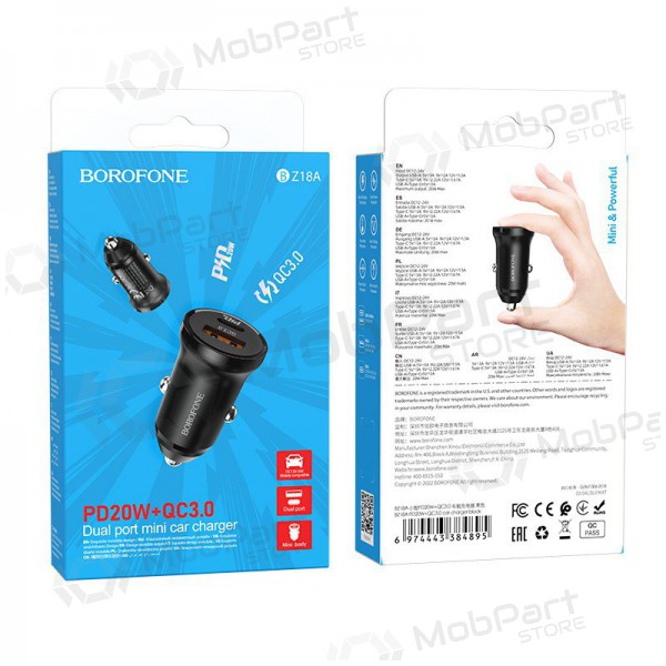 Cargador automobilinis Borofone BZ18A USB-A/Type-C PD20W+QC3.0 (negro)