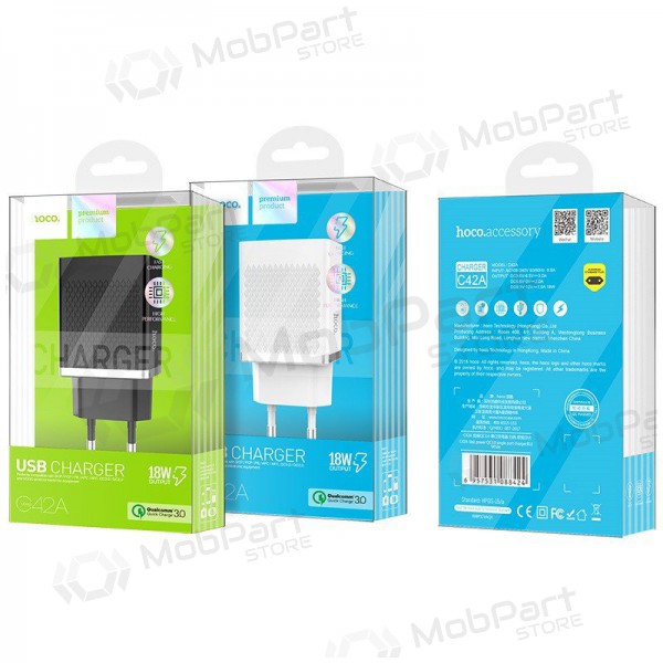 Cargador HOCO C42A Vast power QC3.0 USB 18W (3.6V-6.5V/3A, 6.6V-9V/2A, 9.1V-12V/1.5A) (negro)