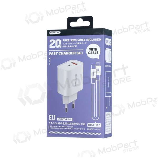 Cargador de teléfono Remax RP-U120 20 W USB-C + USB-A con cable Lightning 1 m blanco