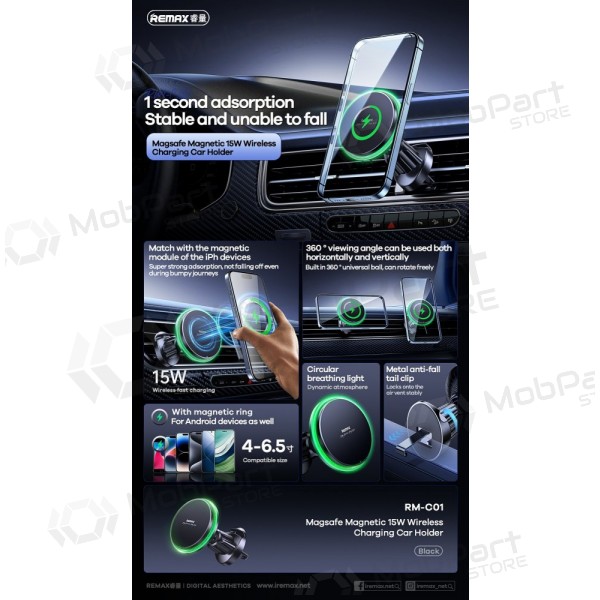 Automobilinis laikiklis-cargador Remax RM-C01 MagSafe 15W negro