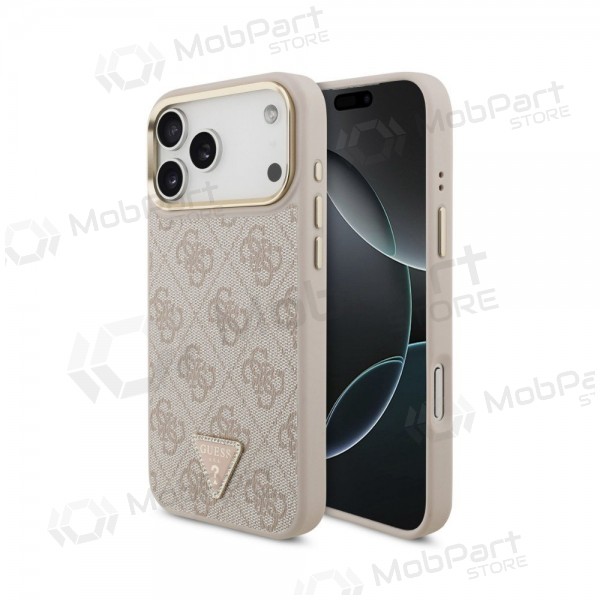 Funda para Apple iPhone 18 Pro Max - Guess PU Leather 4G Strass Triangle Logo Gold Frame MagSafe (rosa)