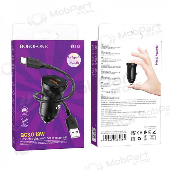 Cargador automobilinis Borofone BZ18 Quick Charge 3.0 18W + Type-C (negro)