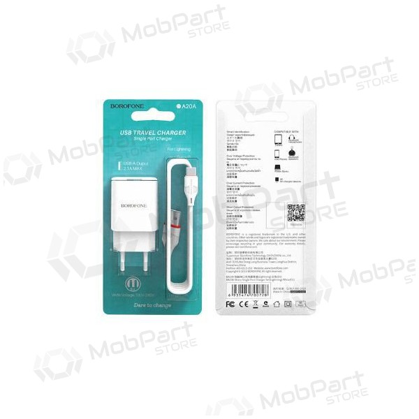 Cargador BOROFONE BA20A Sharp USB + Type-C cable (5V 2.1A) (blanco)