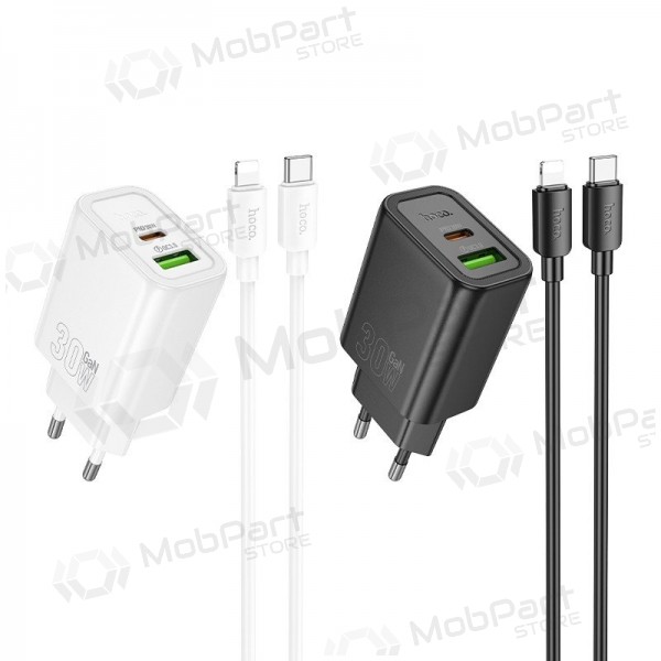 Cargador de teléfono Hoco N63 30 W GaN USB-C + USB-A con cable Lightning de 1 m blanco