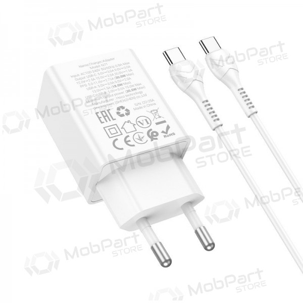 Cargador de teléfono Hoco N71 30 W GaN USB-C + USB-A con cable USB-C de 1 m blanco