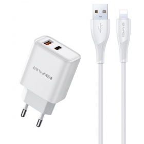 Cargador de teléfono Awei PD81L-EU 22.5 W USB-C + USB-A con cable Lightning 1 m blanco