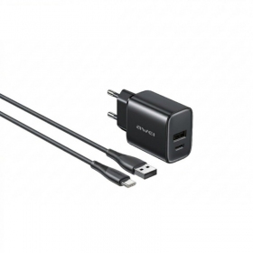 Cargador de teléfono Awei PD85T-EU 22.5 W USB-C + USB-A con cable USB-C de 1 m negro
