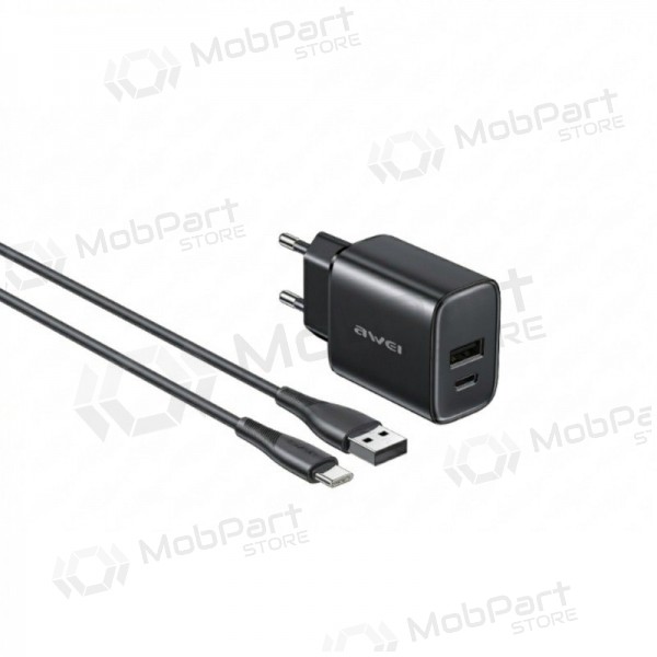 Cargador de teléfono Awei PD85T-EU 22.5 W USB-C + USB-A con cable USB-C de 1 m negro