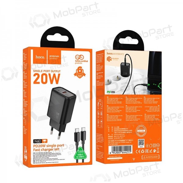 Cargador de teléfono Hoco N60 GaN USB-C con cable USB-C de 1 m negro