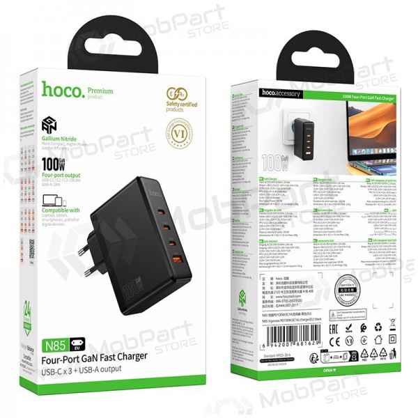 Cargador de teléfono Hoco N85 100 W 3x USB-C + USB-A negro