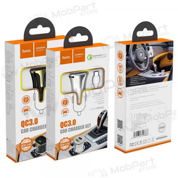 Cargador automobilinis Hoco Z31 Quick Charge 3.0 (3.4A) x 2 USB + Type-C (blanco)