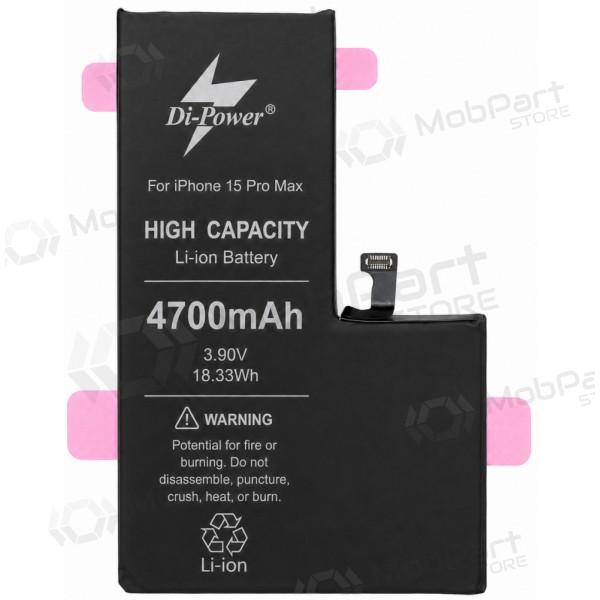 Batería para Apple iPhone 15 Pro Max, Di-Power 4700 mAh (capacidad aumentada)