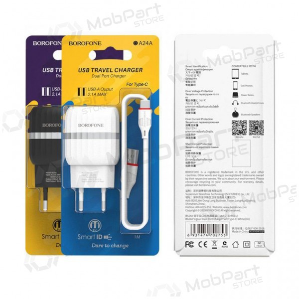 Cargador BOROFONE BA24A Vigour Dual USB + Type-C cable (5V 2.4A) (negro)