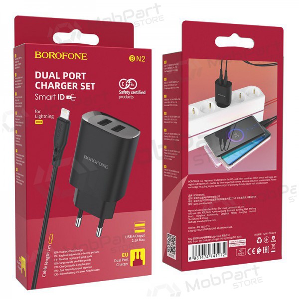 Cargador Borofone BN2 2xUSB 2.1A + Lightning (negro)