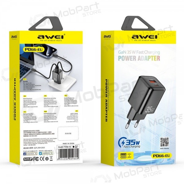 Cargador Awei PD66-EU GaN 35W USB-A/USB-C negro