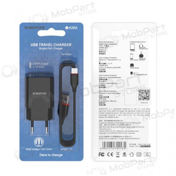 Cargador BOROFONE BA20A Sharp USB + microUSB cable (5V 2.1A) (negro)