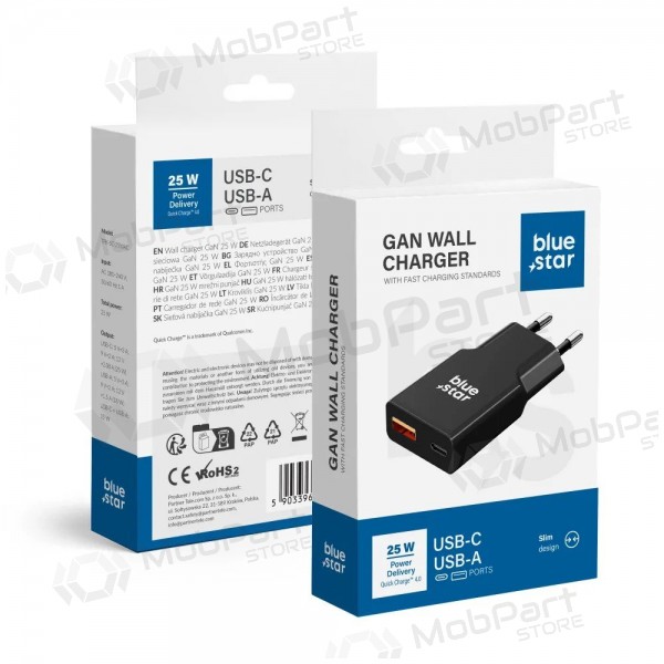 Cargador de teléfono Blue Star Slim 25 W GaN USB-C + USB-A negro