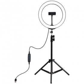 LED žiedinė lámpara 26cm, su trikoju stovu iki 1.1m y telefono laikikliu, USB