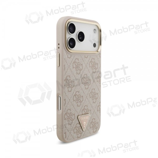 Funda para Apple iPhone 18 Pro - Guess PU Leather 4G Strass Triangle Logo Gold Frame MagSafe (rosa)
