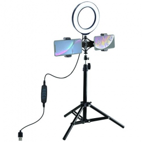 LED žiedinė lámpara 16cm, su trikoju stovu iki 70cm y dvigubu telefono laikikliu, USB