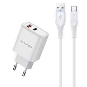 Cargador Awei PD81T-EU USB-A/USB-C + USB to USB-C cable blanco