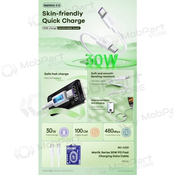 USB cable Remax RC-C021 USB-C to USB-C 30W 1.0m blanco