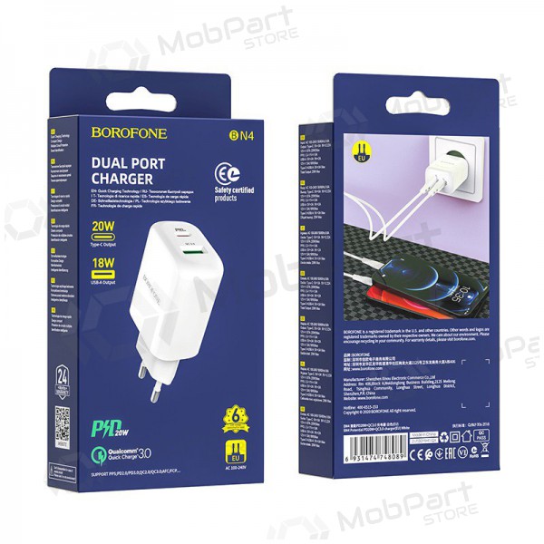 Cargador Borofone BN4 1xUSB, 1xType-C QC 3.0, PD 2.0 20W (blanco)