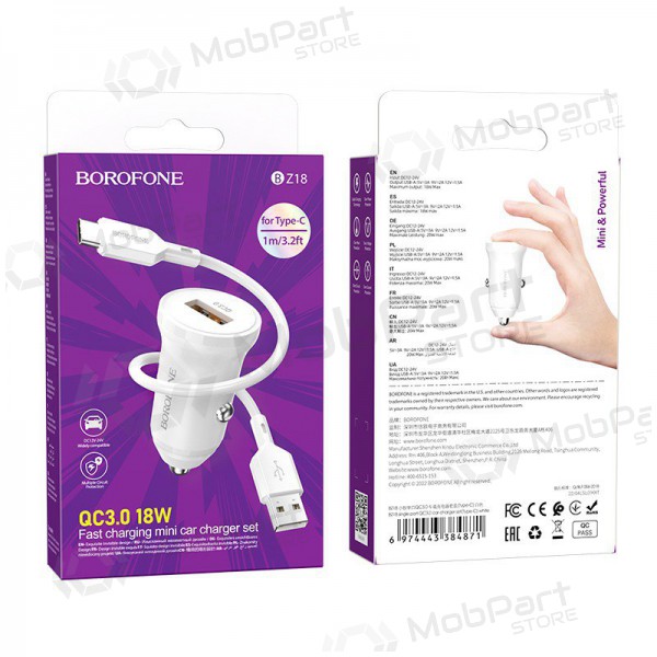 Cargador automobilinis Borofone BZ18 Quick Charge 3.0 18W + Type-C (blanco)