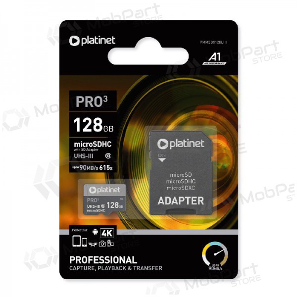 Tarjeta de memoria Platinet MicroSD 128GB (class10 UHS-III 90MB/S) + SD Adaptador