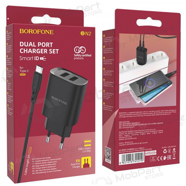 Cargador Borofone BN2 2xUSB 2.1A + USB Type-C (negro)