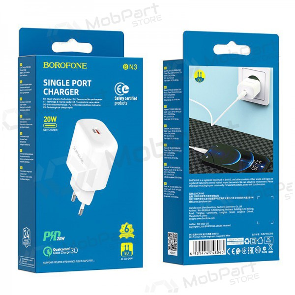 Cargador Borofone BN3 Type-C QC 3.0, PD 2.0 20W (blanco)