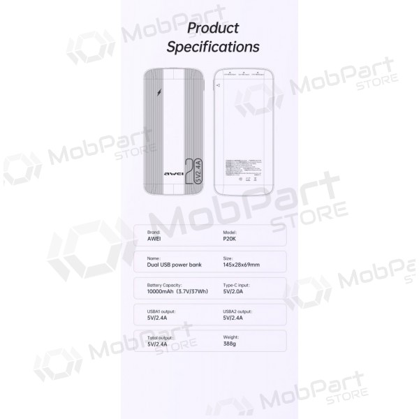 Batería externa Power Bank Awei P19K 5V/2.4A 20000mAh negro