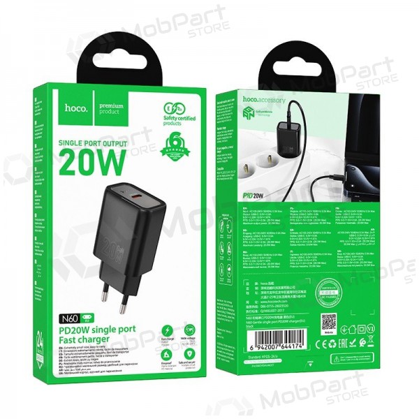 Cargador de teléfono Hoco N60 20 W GaN USB-C negro