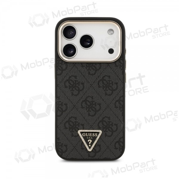 Funda para Apple iPhone 18 Pro - Guess PU Leather 4G Strass Triangle Logo Gold Frame MagSafe (negra)