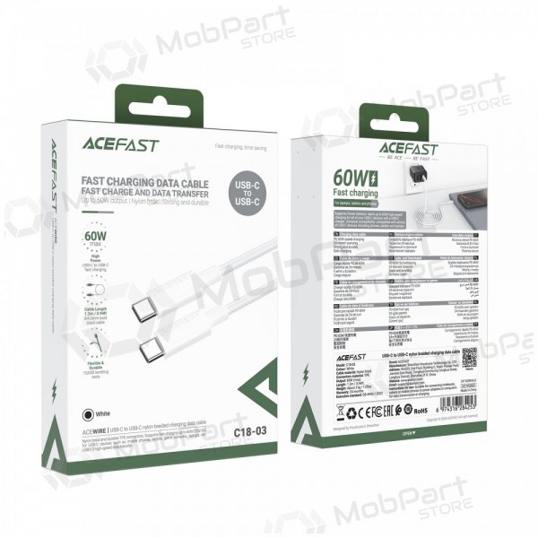 USB cable Acefast C18-03 60W USB-C to USB-C 1.2m blanco