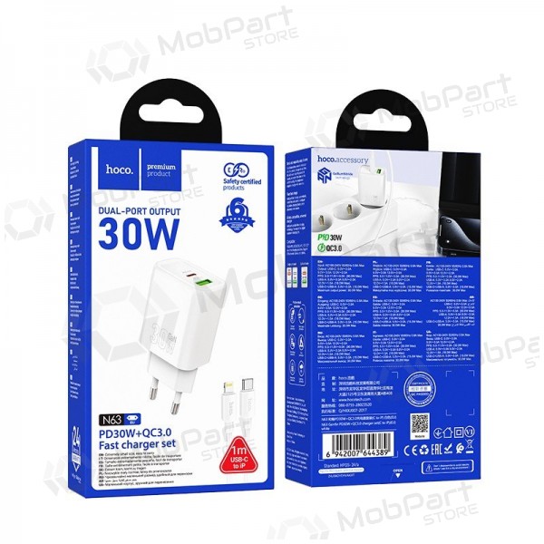 Cargador de teléfono Hoco N63 30 W GaN USB-C + USB-A con cable Lightning de 1 m blanco
