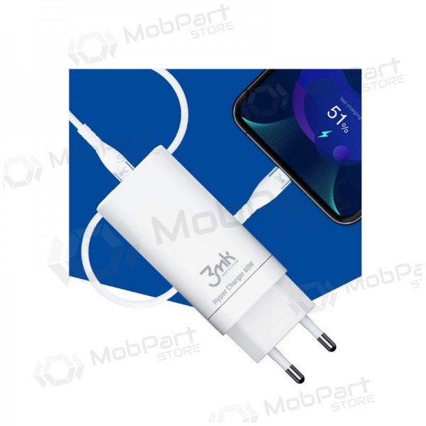 Cargador 3MK HyperCharger 65W 2xUSB-C, 1xUSB-A PD 3.0/QC 4.0 (blanco)