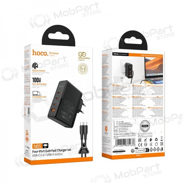Cargador de red Hoco N85 100 W 3x USB-C + USB-A con cable USB-C de 2 m negro