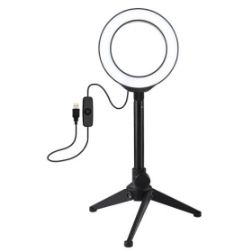 LED žiedinė lámpara 12cm, su trikoju staliniu stovu iki 21.8cm, USB,