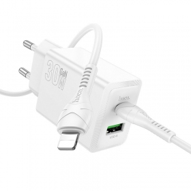 Cargador de teléfono Hoco N71 30 W GaN USB-C + USB-A con cable Lightning de 1 m blanco