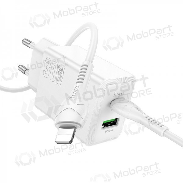 Cargador de teléfono Hoco N71 30 W GaN USB-C + USB-A con cable Lightning de 1 m blanco
