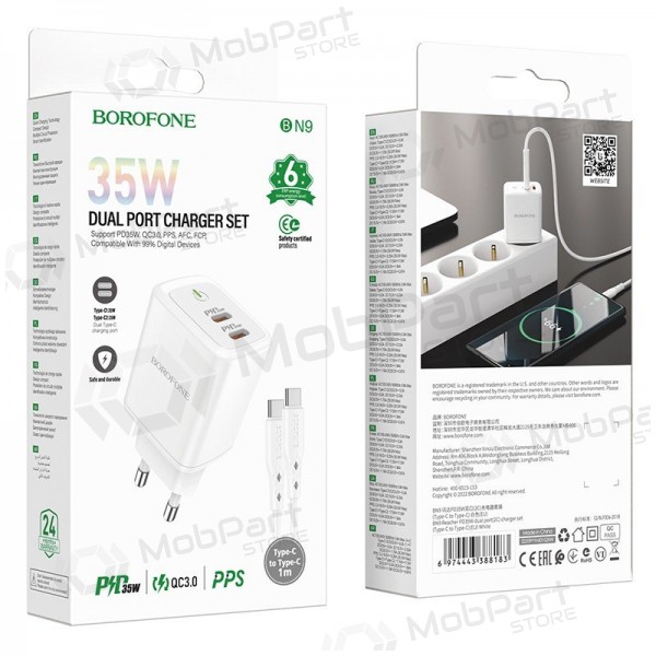 Cargador buitinis Borofone BN9 2xType-C 35W + Type-C blanco