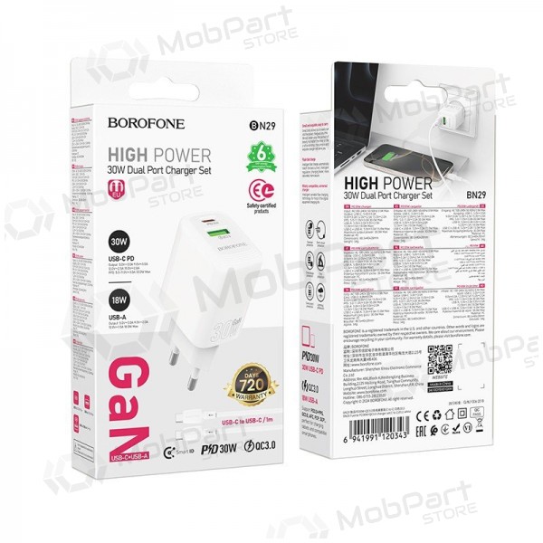 Cargador de teléfono Borofone BN29 30 W USB-C + USB-A con cable USB-C de 1 m blanco