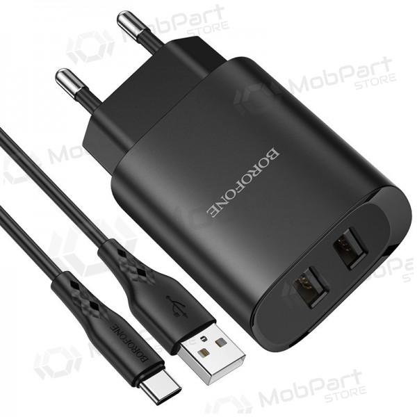 Cargador Borofone BN2 2xUSB 2.1A + USB Type-C (negro)