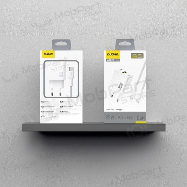 Cargador de teléfono Dudao A26TC 25 W GaN USB-C + USB-A con cable USB-C de 1 m blanco
