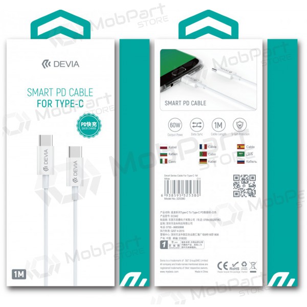 Cable USB Devia Smart PD Tipo-C - Tipo-C 20V 3.0A 60W (blanco)