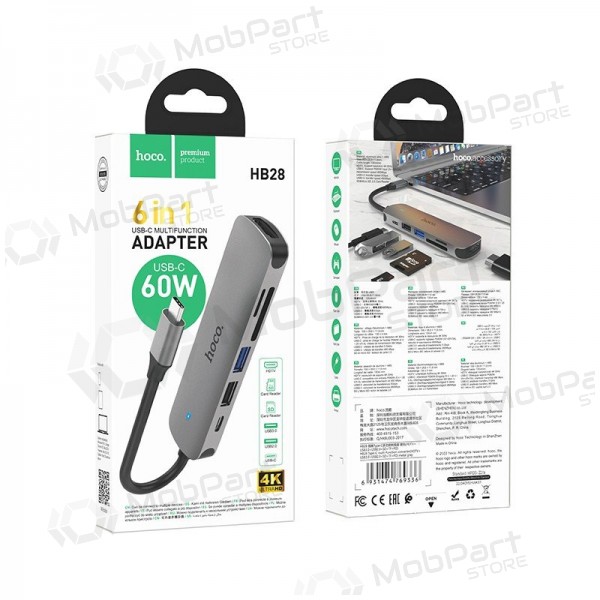 Adaptador USB-C Hoco HB28 USB-C a HDMI + USB 3.0 + USB 2.0 + SD + TF + PD gris